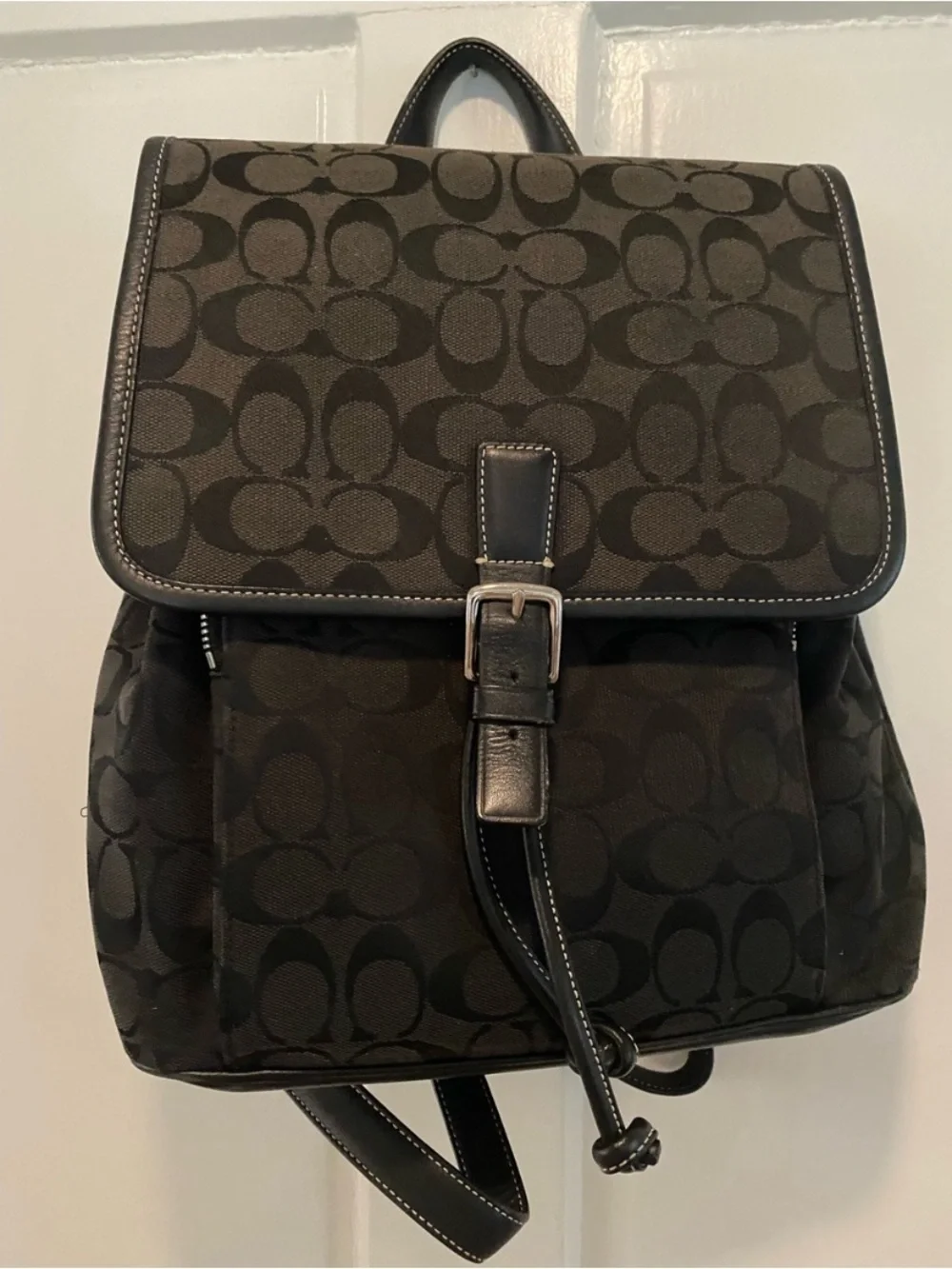 Coach Black Signature Monogram Canvas Backpack with Leather Trim